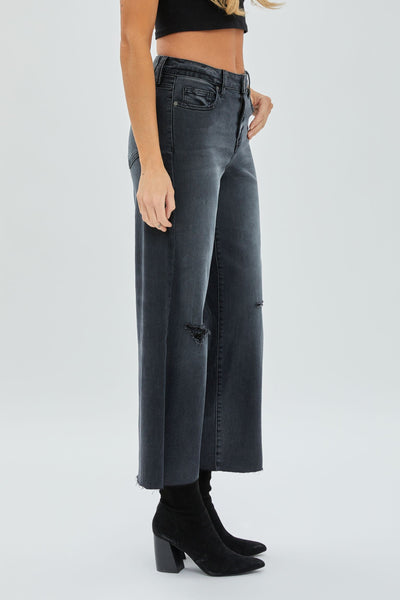 Hidden - Charcoal Distressed Cropped Wide Leg Jean