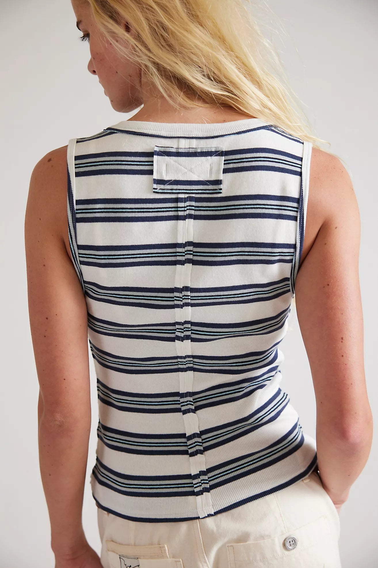 Free People - Jamie Striped Ribbed Henley Tank Top - WHITE COMBO