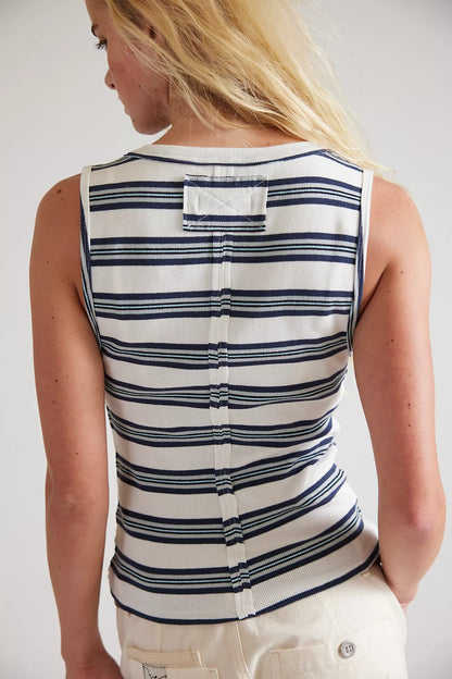 Free People - Jamie Striped Ribbed Henley Tank Top - WHITE COMBO