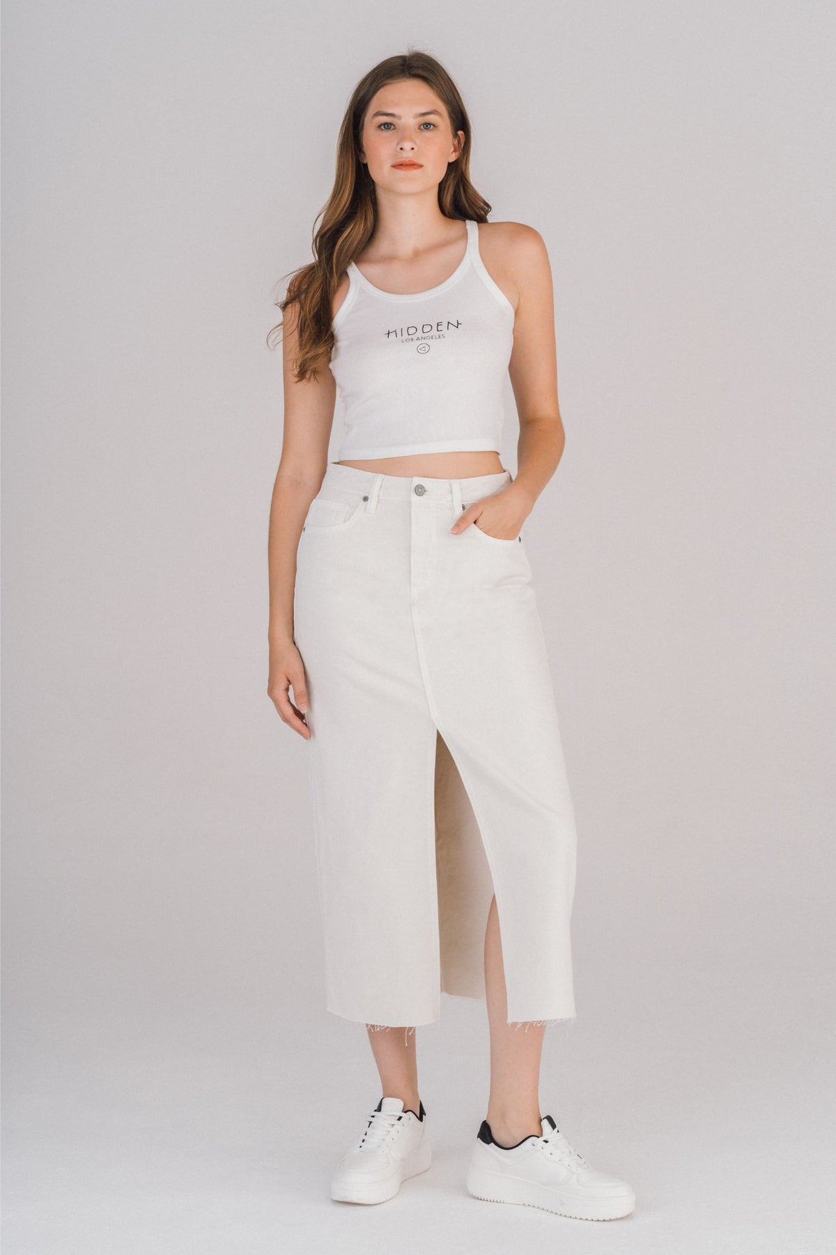 Hidden - Peyton Front Slit Midi Skirt - Sea Salt