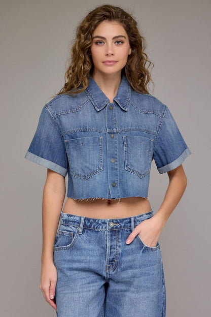 Hidden - Abbey Medium Wash Super Soft Boxy Cropped Shirt