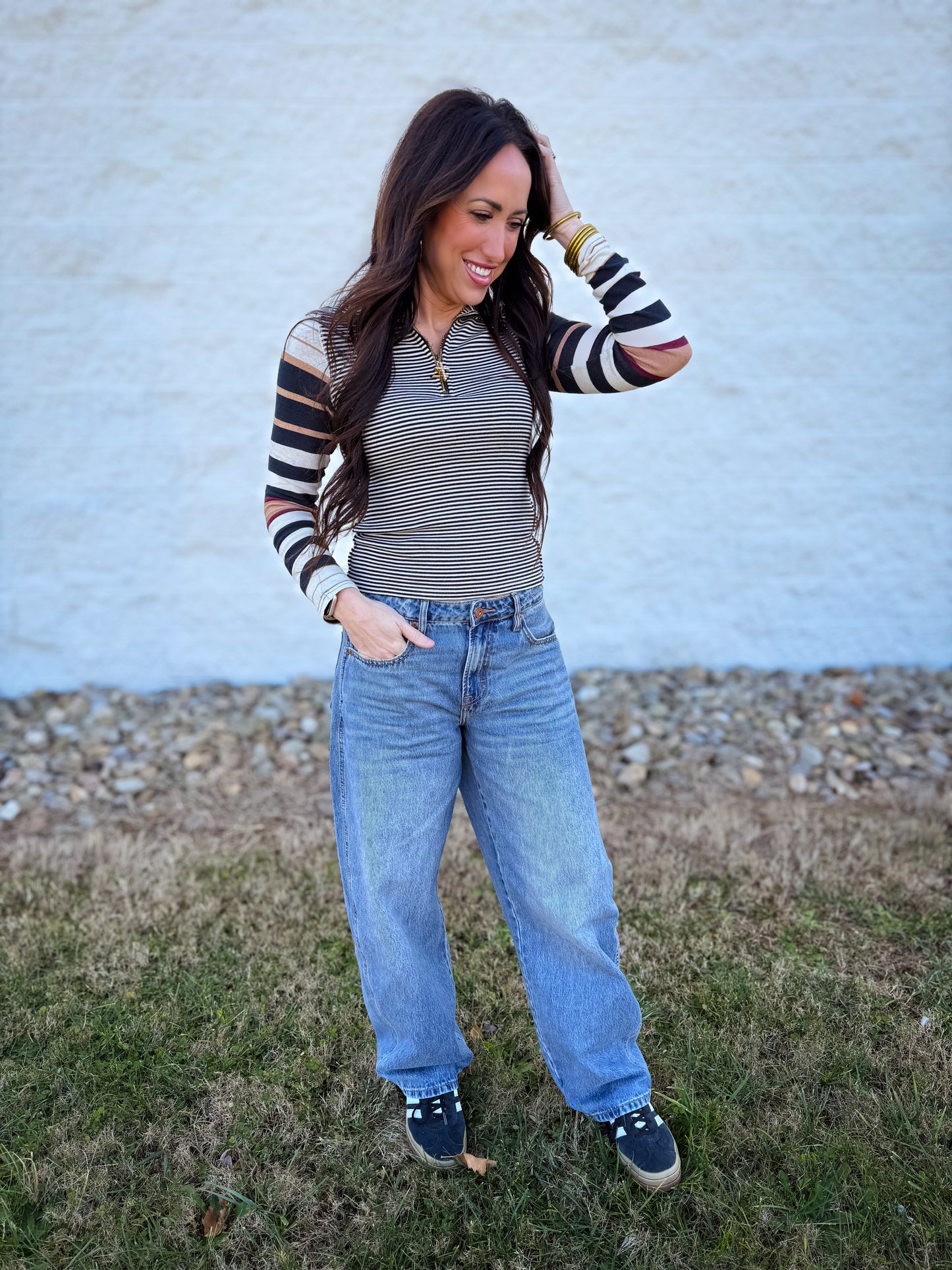 Free People - Avery Long Sleeve Top - BLACK COMBO