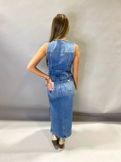 HIdden - Peyton Midi Skirt with Side Slit - Medium Wash
