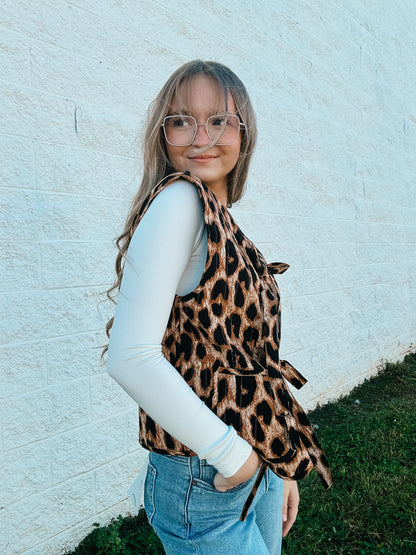 Leopard Quilted Vest with Bow Ties