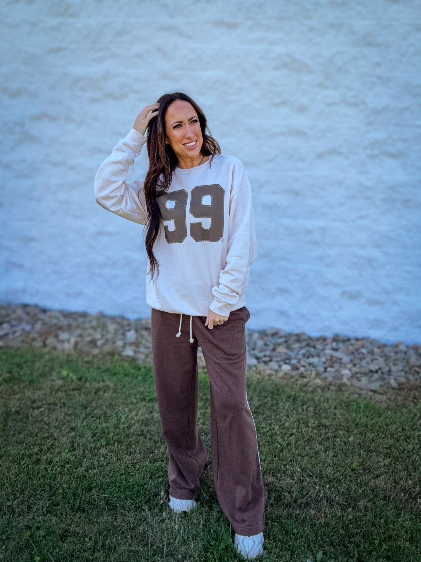 Fold Over Wide Leg Sweatpants - BROWN