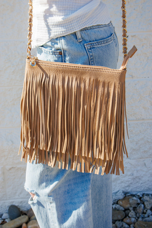 Sassy Sway Fringe Crossbody - LATTE