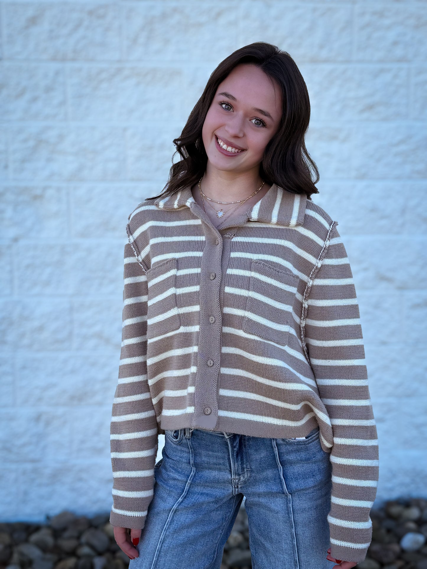 Stripe Ease Knit Sweater Cardigan- TAUPE/CREAM