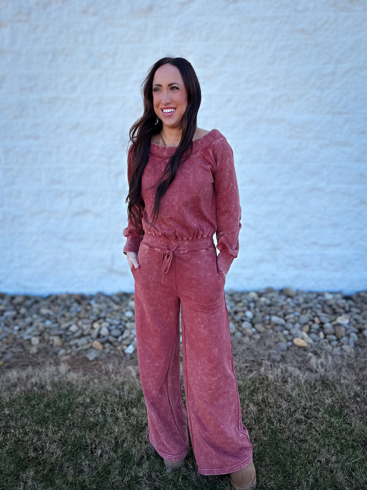 Effortless Off The Shoulder Jumpsuit - Washed Berry