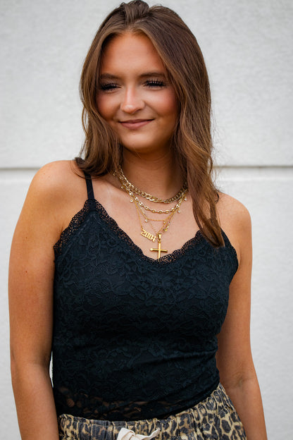 Aria Black Floral Lace Scalloped Cropped Cami