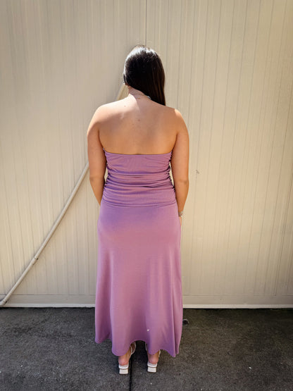 Mauve Moment Strapless Ruched Midi Dress