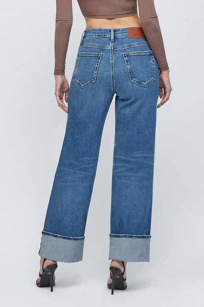 Hidden - LOGAN- Medium Wash Cuffed Stretch Dad Jean