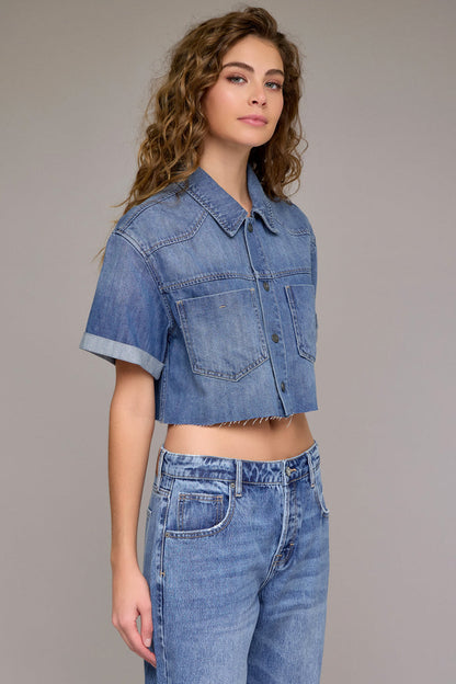 Hidden - Abbey Medium Wash Super Soft Boxy Cropped Shirt