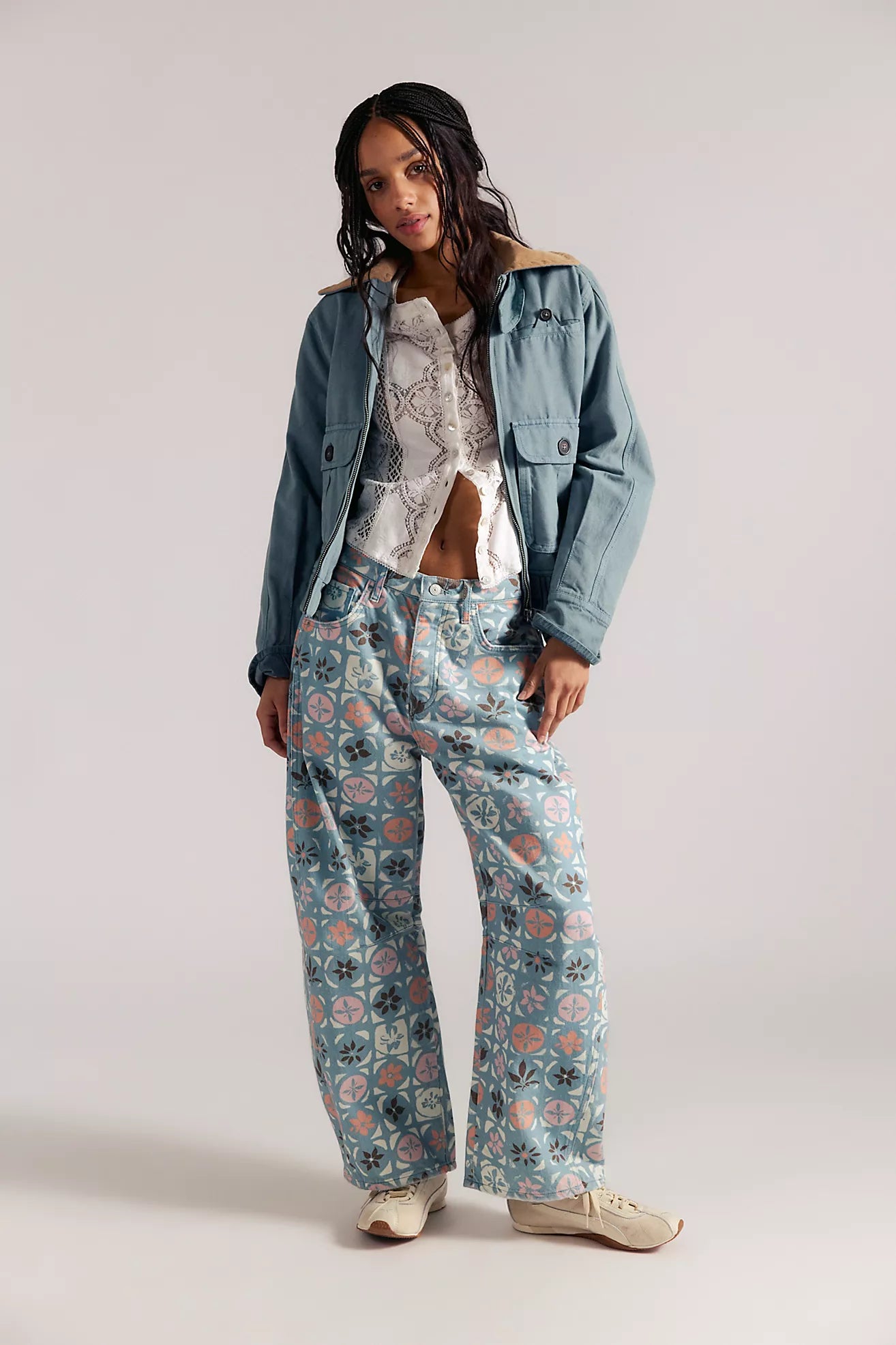 Free People - Good Luck Printed Barrel Jeans - JADE COMBO - DITSY BLOCK