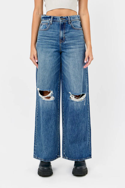 Hidden -NORI - Distressed  33" Inseam Wide Leg Jean - Medium Dark