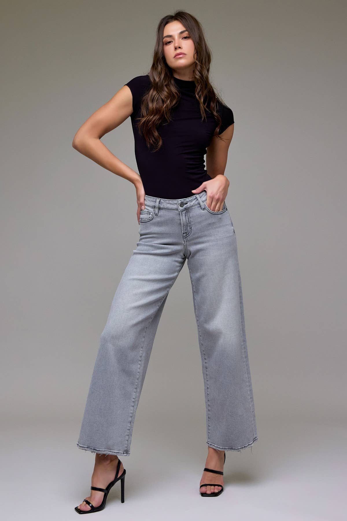 Hidden - Nori Mid Rise Stretch Wide Leg Jeans - Light Gray