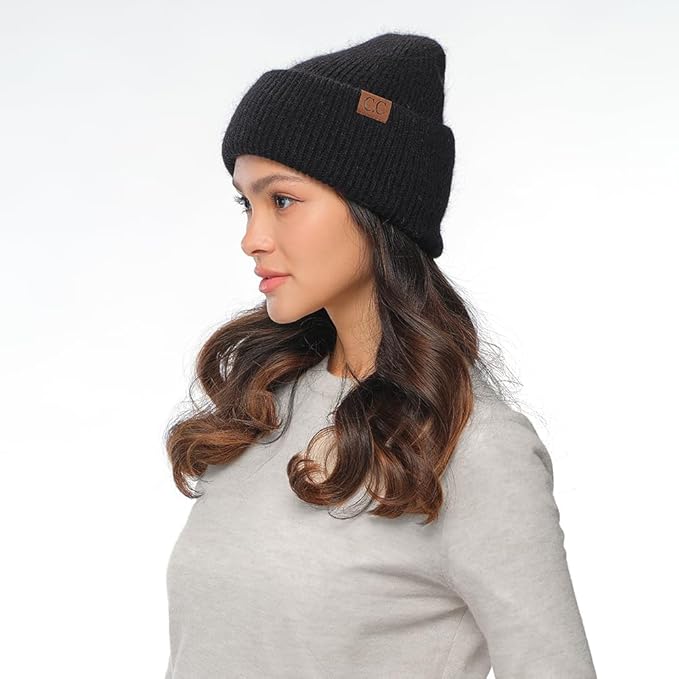 C.C. Monica Ribbed Double Cuff Beanie - BLACK