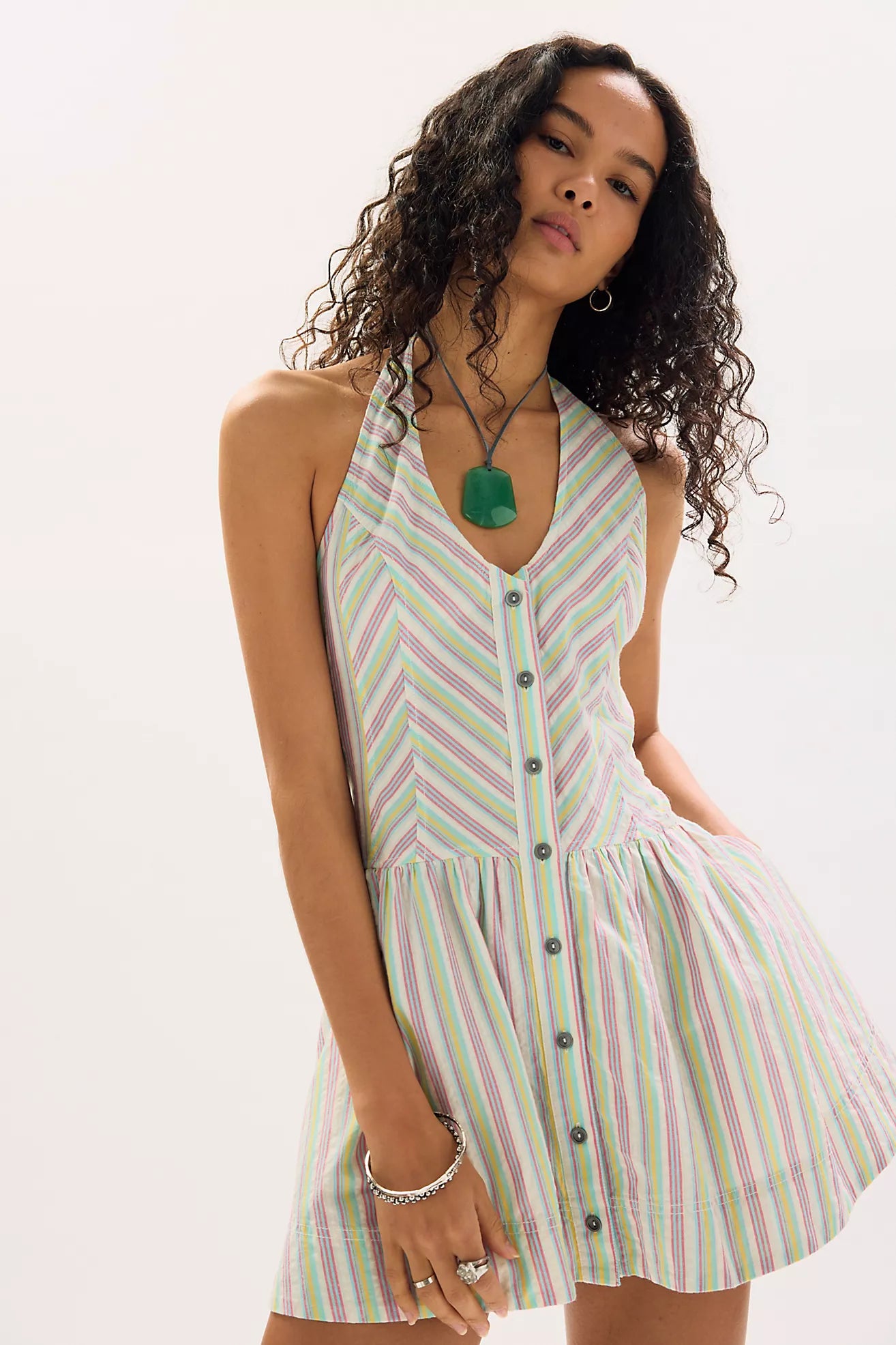 Free People - Clean Break Striped Cotton Halter Mini Dress - Multi