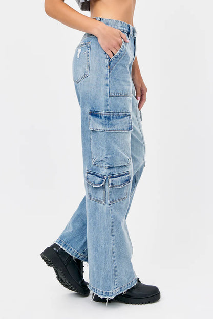 Hidden - NORI - Cargo Moto 33" Inseam Wide Leg Jean - Light Wash