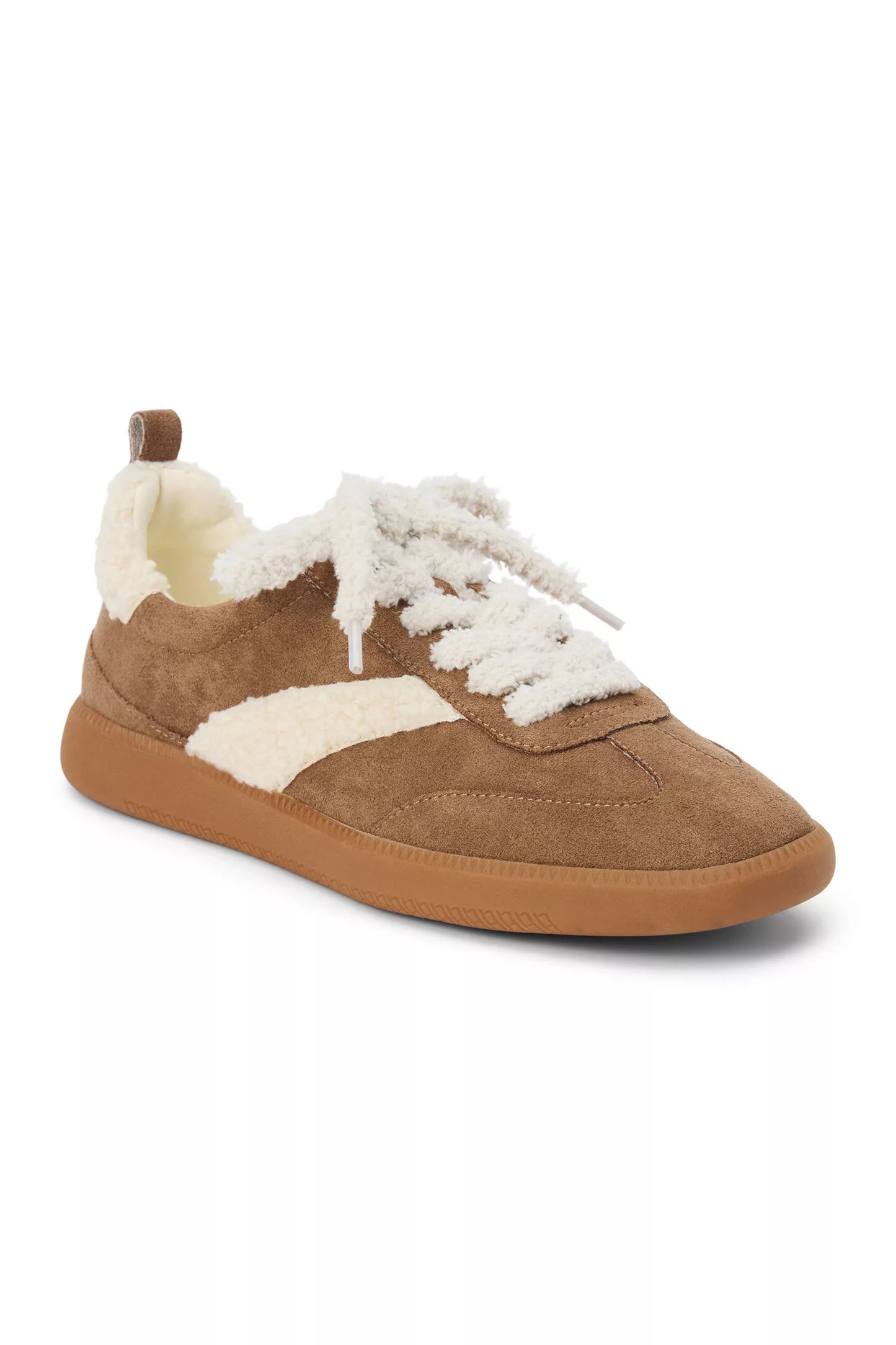Brown sneaker with white fur lining