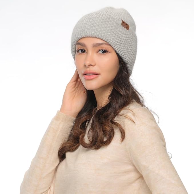 C.C. Monica Ribbed Double Cuff Beanie - LIGHT GRAY