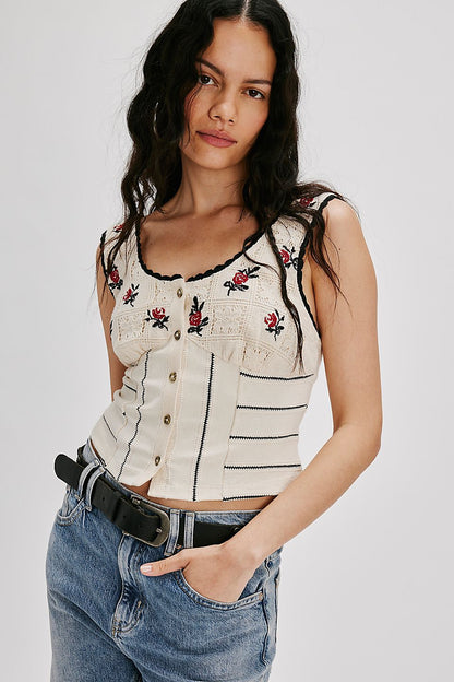 Free People - Rose Bud Knit Top - IVORY COMBO