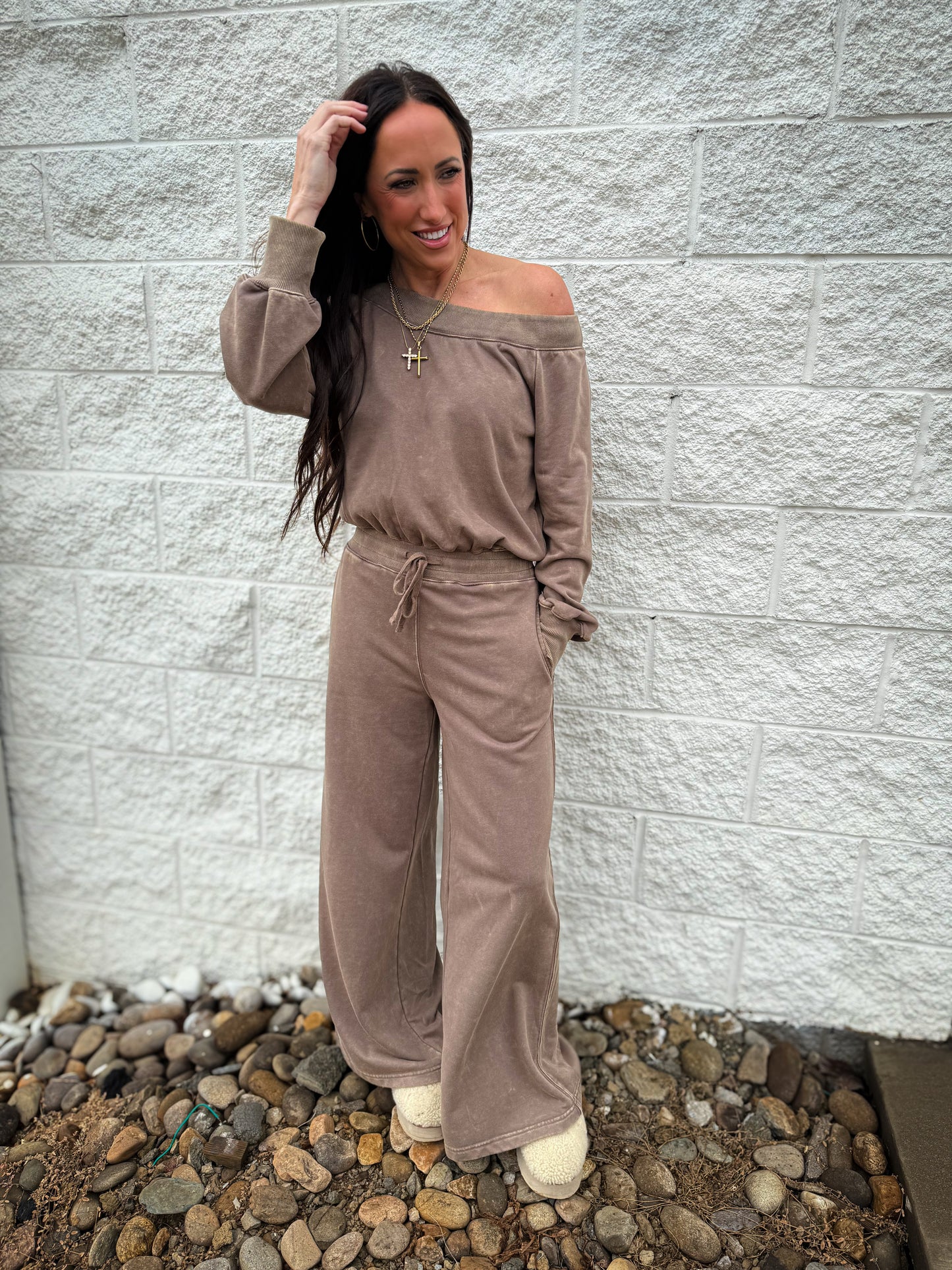 Effortless Off The Shoulder Jumpsuit - Washed Brown