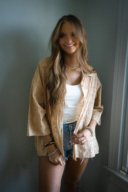 Golden Tan Eyelet Button Down Top