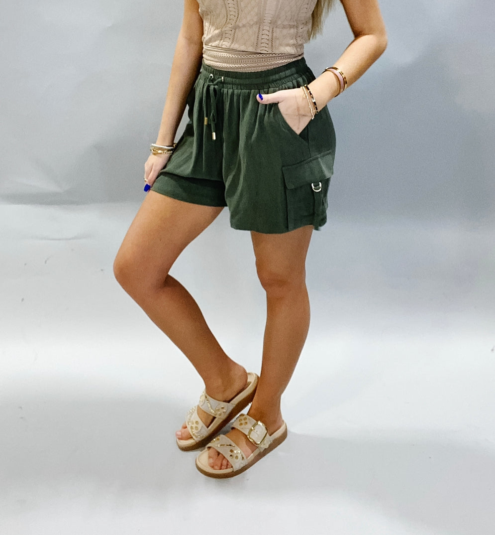 Olive Linen Cargo Shorts