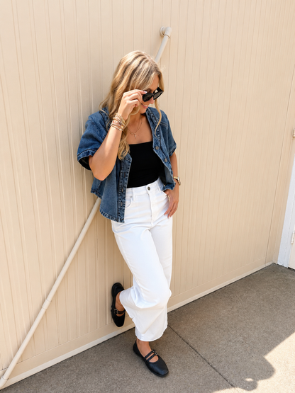 HIDDEN - Nori Cropped Raw Hem Wide Leg Jeans - WHITE