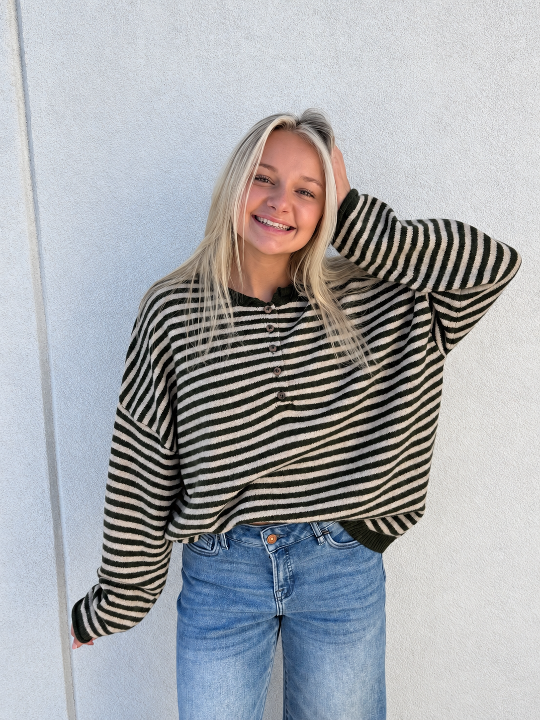 Weekend Stripe Henley Sweater –Olive Green/Cream