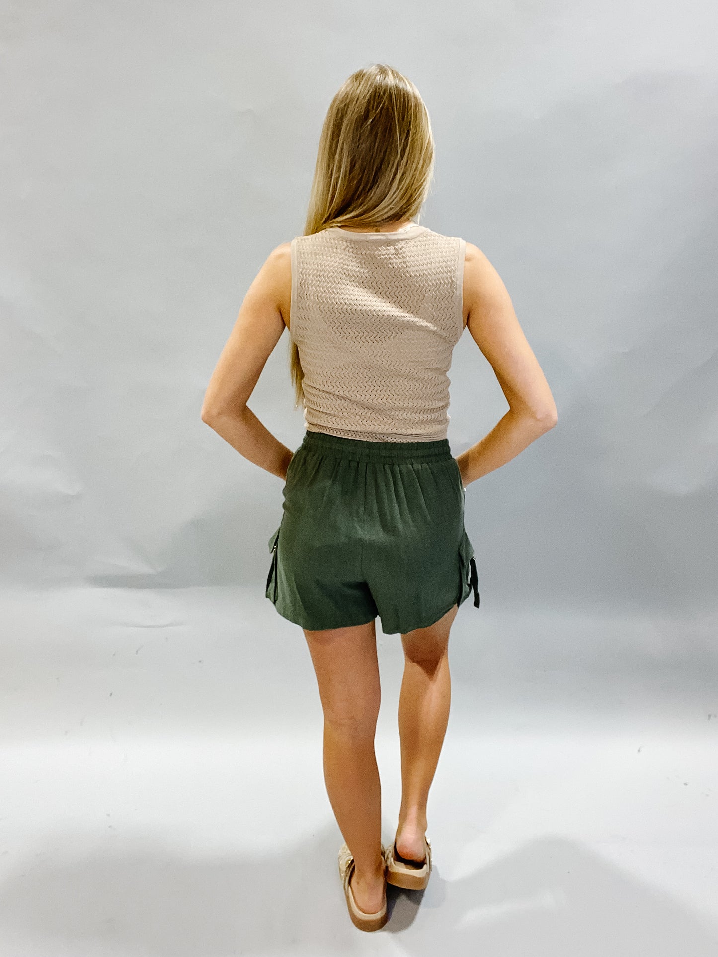 Olive Linen Cargo Shorts