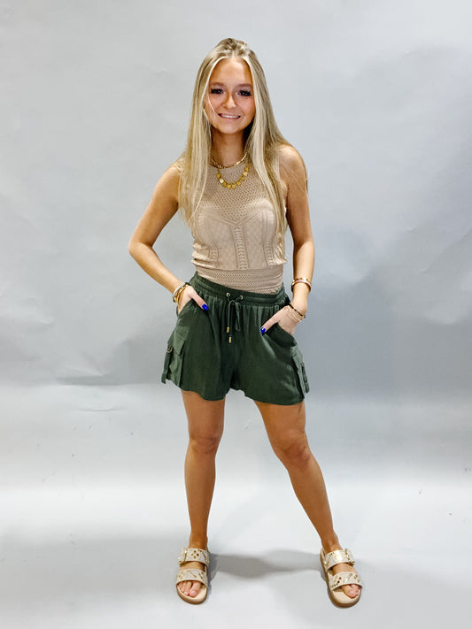 Olive Linen Cargo Shorts