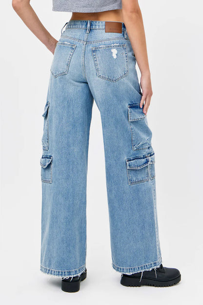 Hidden - NORI - Cargo Moto 33" Inseam Wide Leg Jean - Light Wash