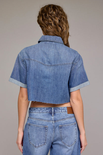 Hidden - Abbey Medium Wash Super Soft Boxy Cropped Shirt