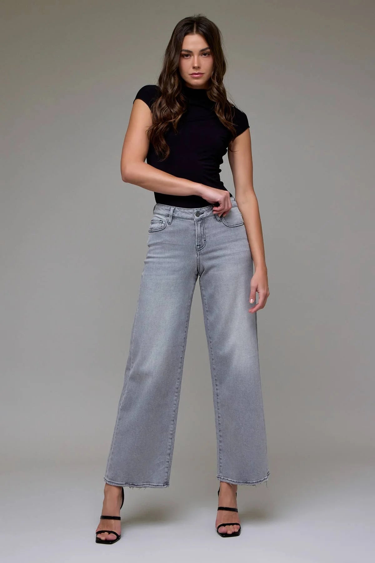 Hidden - Nori Mid Rise Stretch Wide Leg Jeans - Light Gray