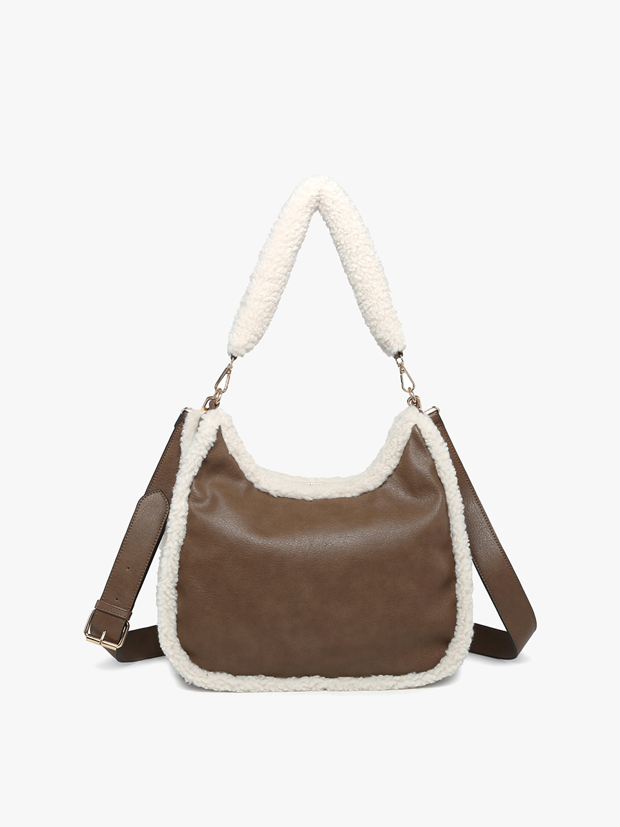 Brown leather handbag with ivory shearling trim and handle 