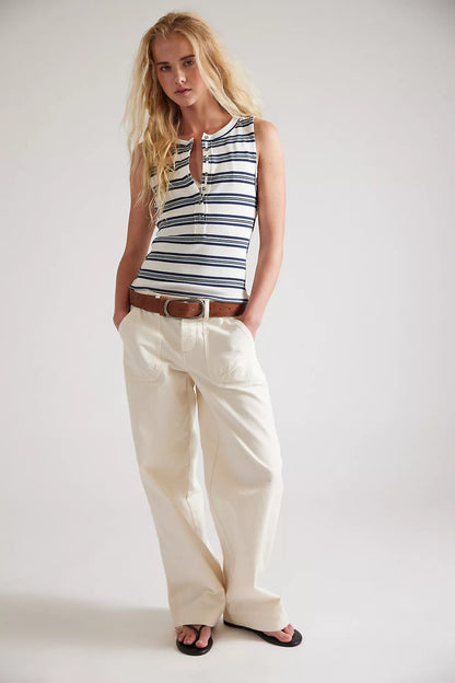 Free People - Jamie Striped Ribbed Henley Tank Top - WHITE COMBO