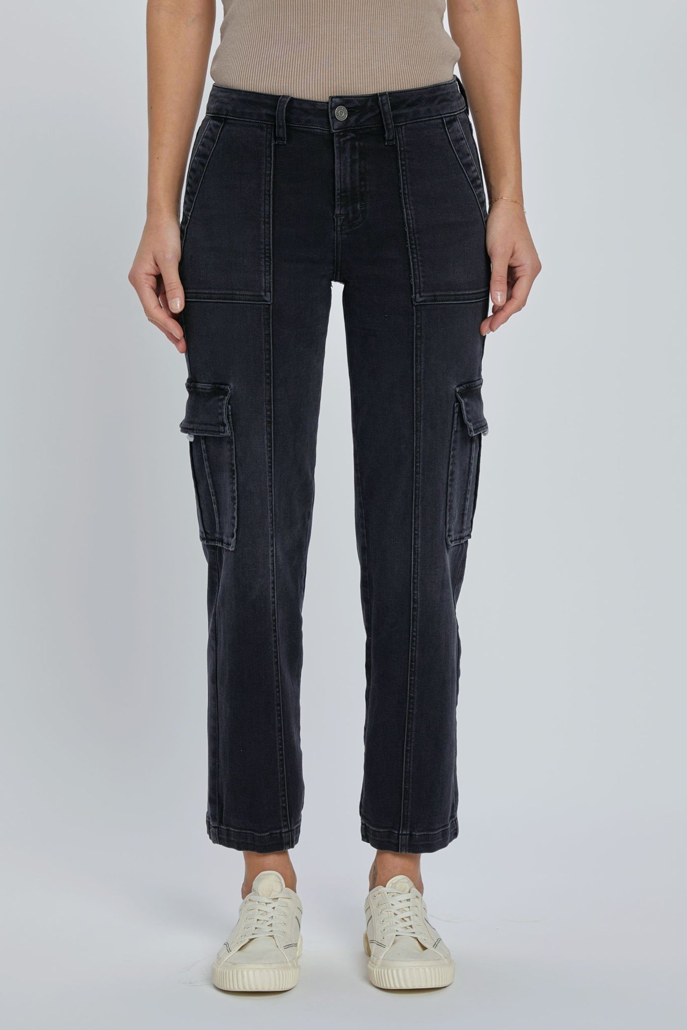 Hidden -Tracey Stretchy Cropped Cargo Jean -BLACK