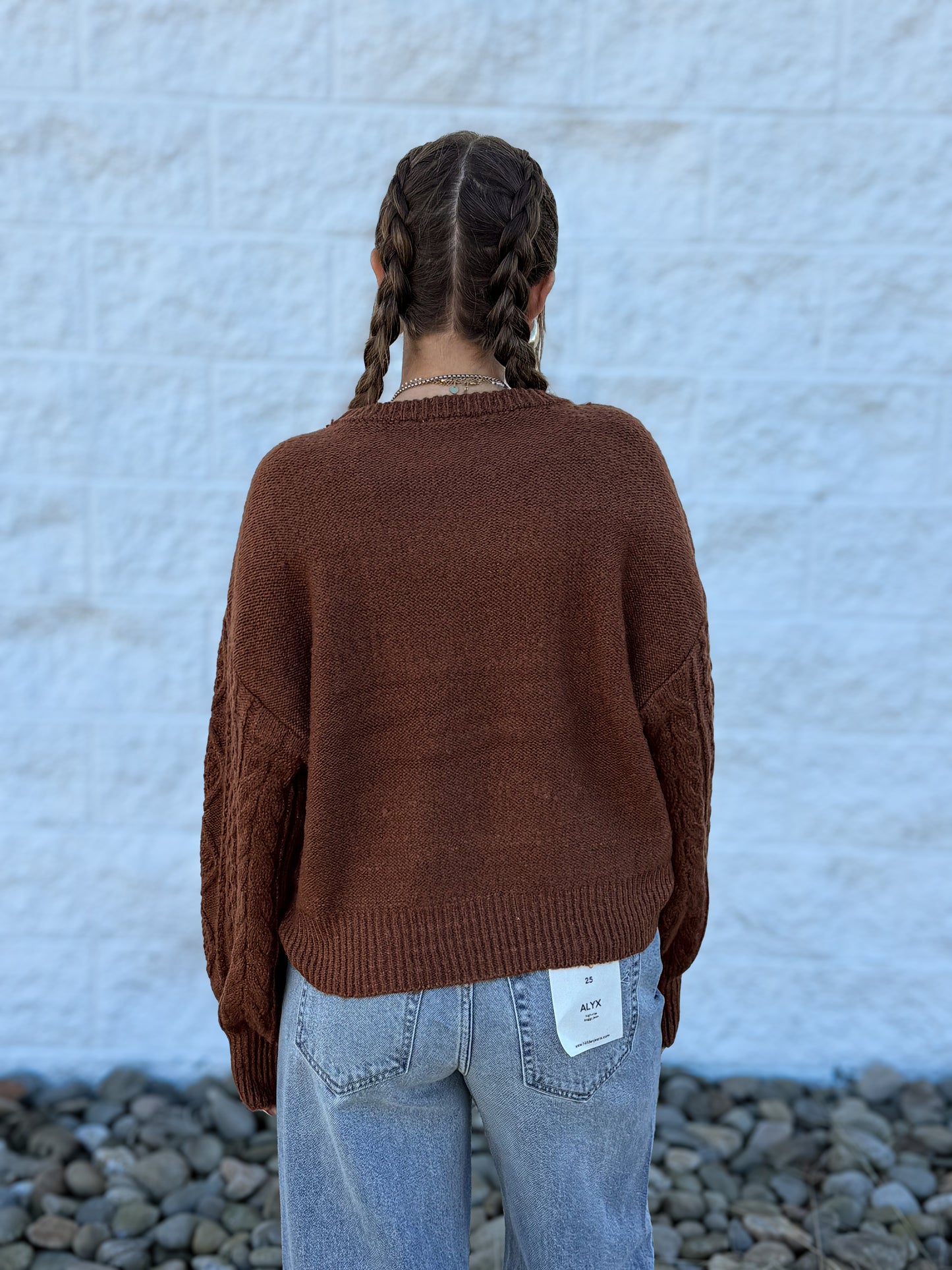 Cable Knit Balloon Sleeve Sweater - CHESTNUT