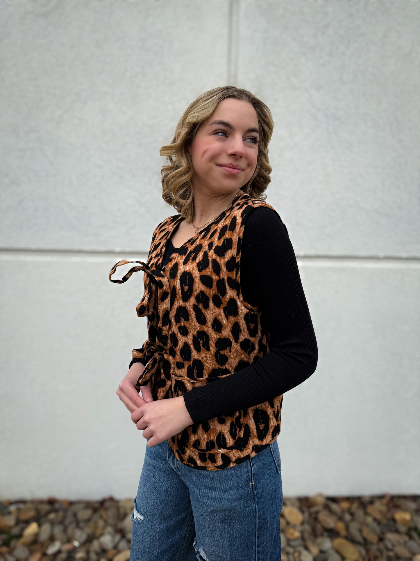 Leopard Quilted Vest with Bow Ties