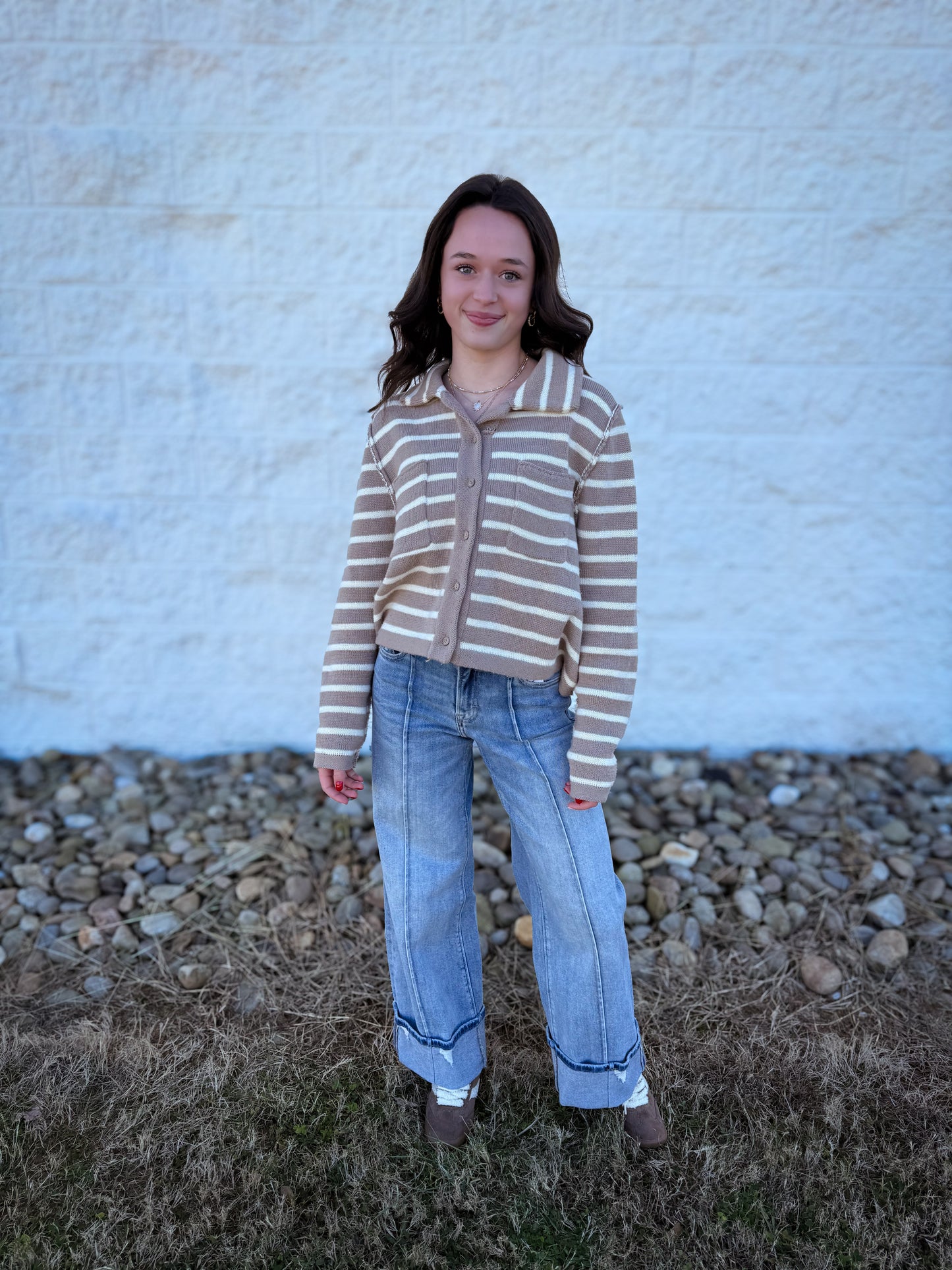 Stripe Ease Knit Sweater Cardigan- TAUPE/CREAM