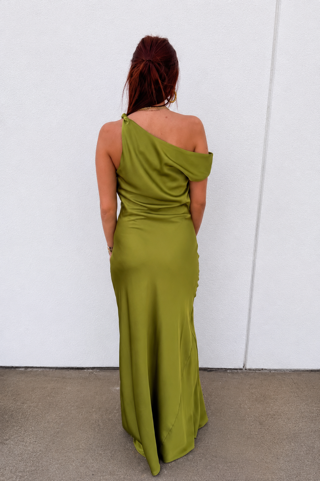 Olive Green Affair One-Shoulder Satin Ruched Maxi Dress