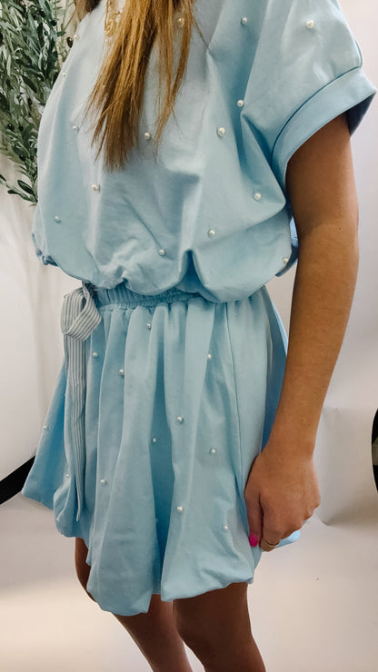 Crystal Waters Pearl & Bubble Hem 2-Piece Skirt Set - Sky Blue
