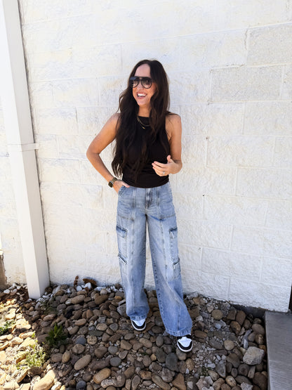 Hidden - NORI - Cargo Moto 33" Inseam Wide Leg Jean - Light Wash
