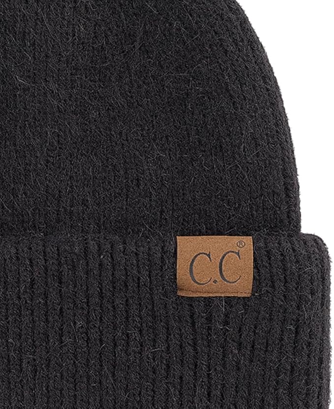 C.C. Monica Ribbed Double Cuff Beanie - BLACK