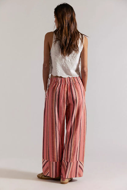 Free People - Day's End Linen Striped Pull-On Pants - SOFT CORAL COMBO