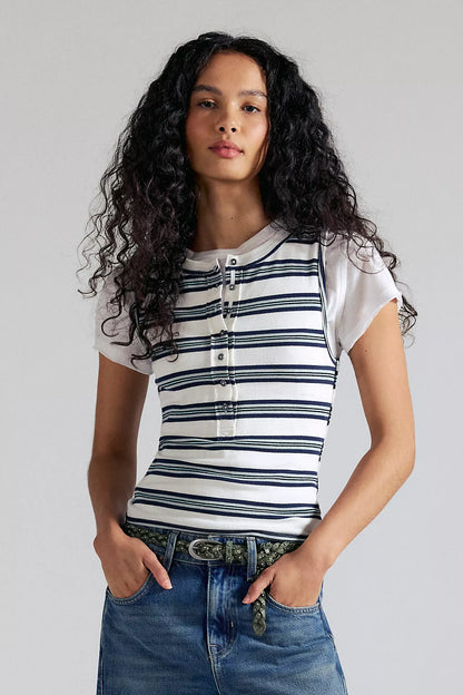 Free People - Jamie Striped Ribbed Henley Tank Top - WHITE COMBO