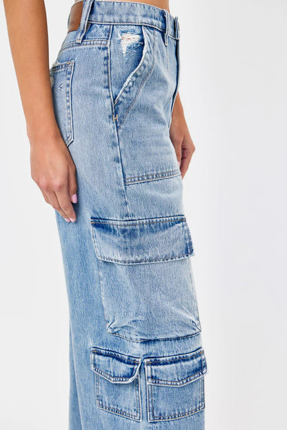 Hidden - NORI - Cargo Moto 33" Inseam Wide Leg Jean - Light Wash