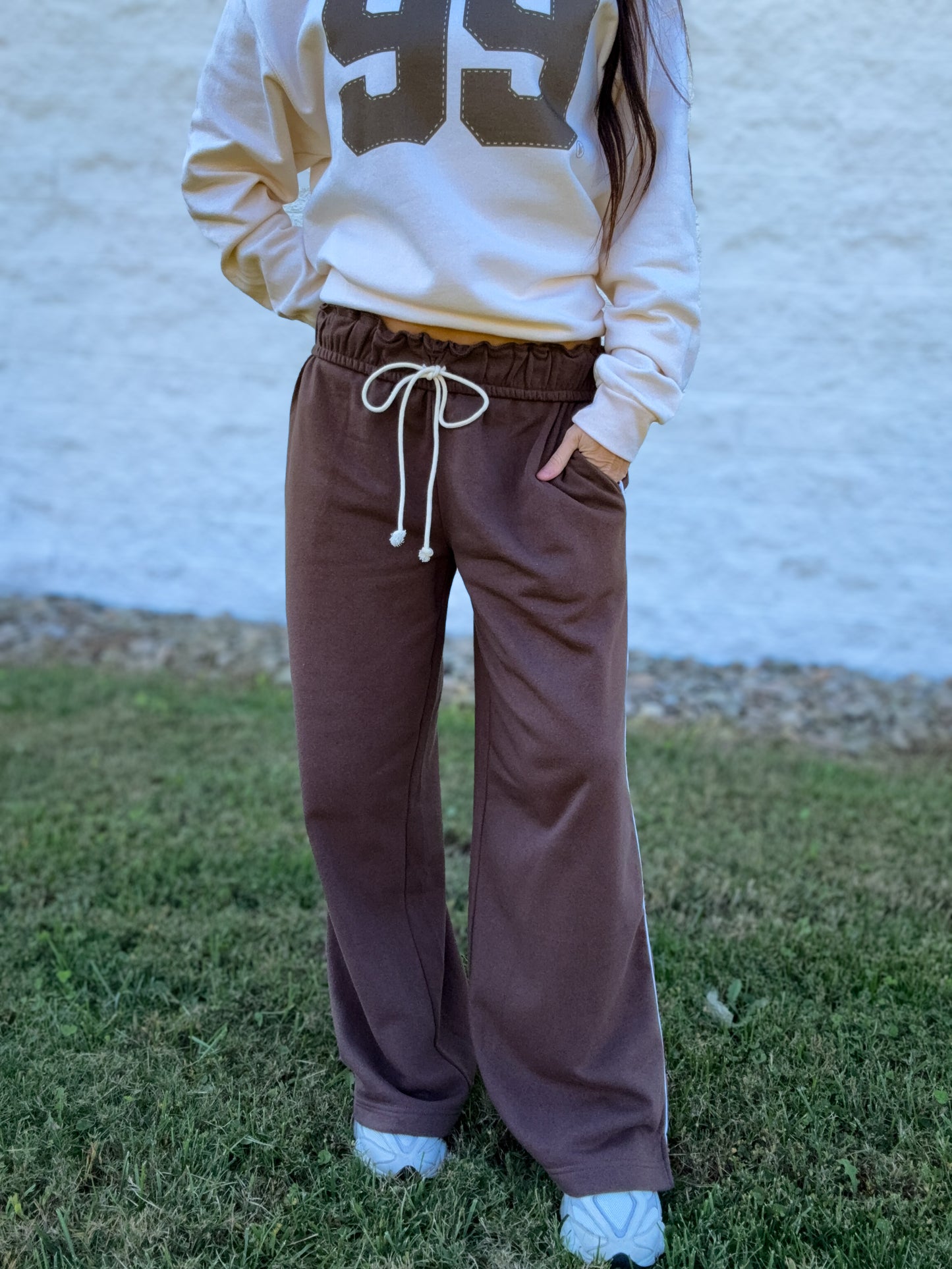 Fold Over Wide Leg Sweatpants - BROWN