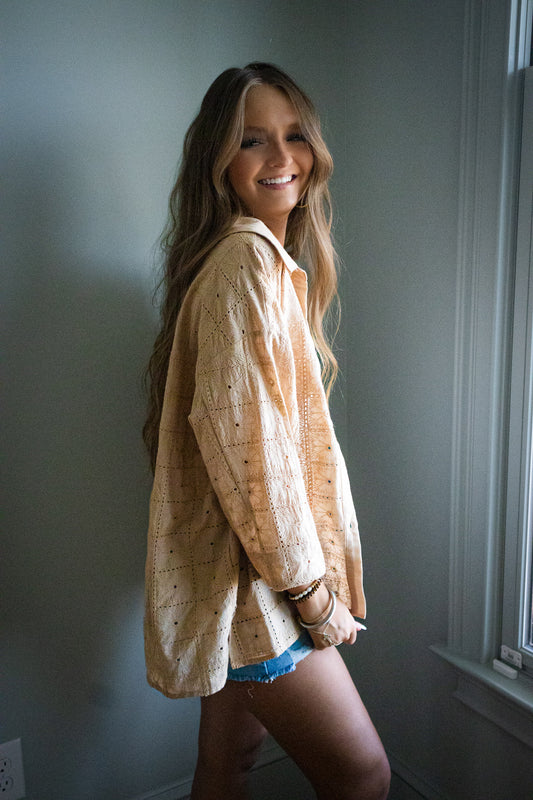 Golden Tan Eyelet Button Down Top